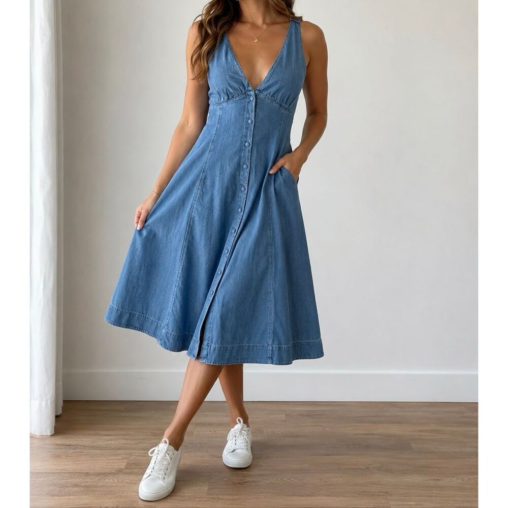 Reformation Denim Chambray Midi Dress Size 12 Button Front Cottagecore